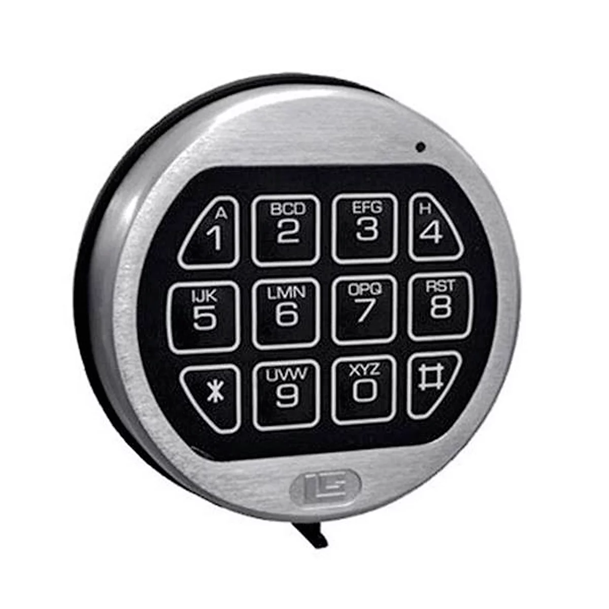 Cerradura de teclado metálico redondo. Negro con números, letras y símbolos. Borde plateado.