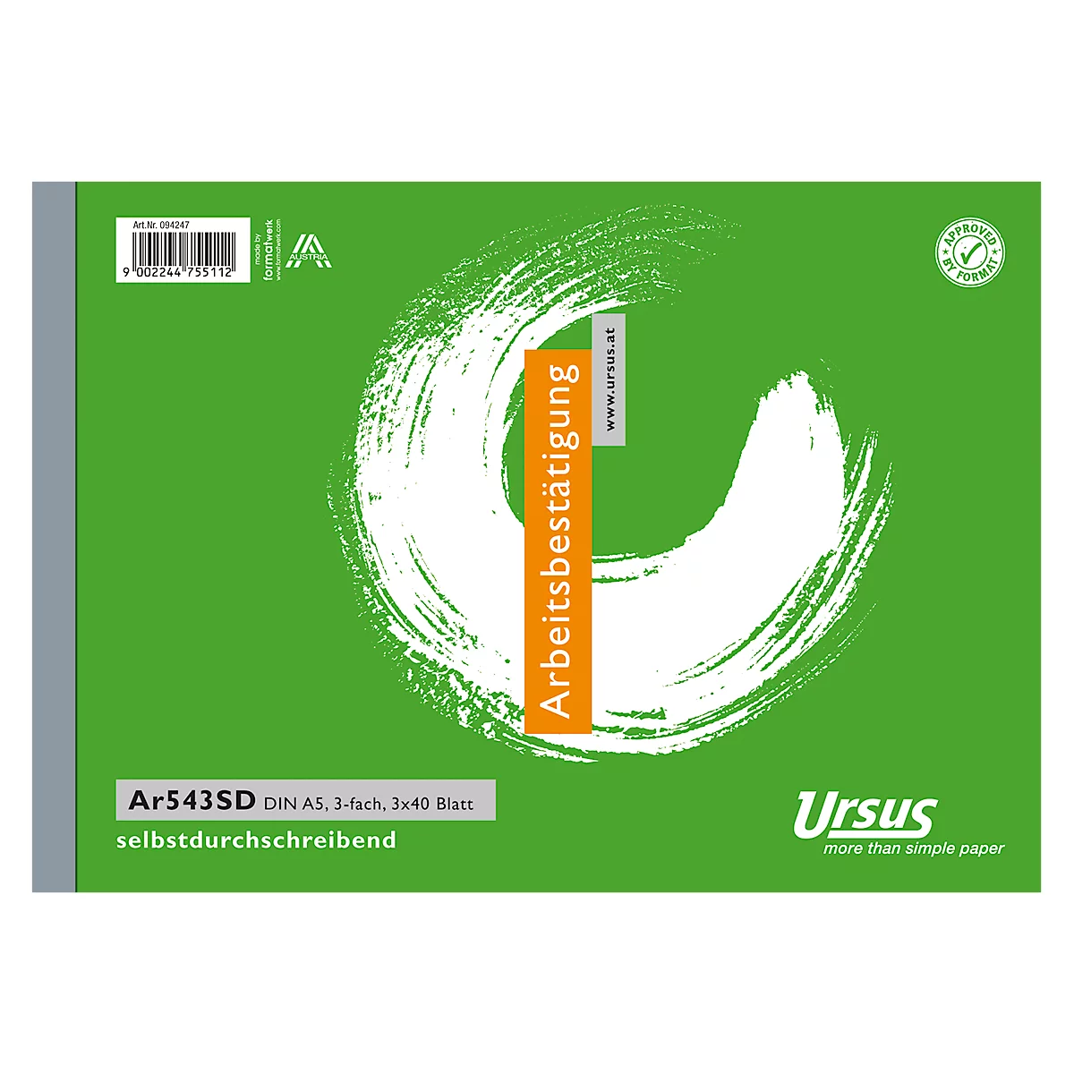Papier vert avec des coups de pinceau blancs, lettrage orange 'Arbeitsbestätigung', lettrage blanc 'Ursus' et informations sur le produit.