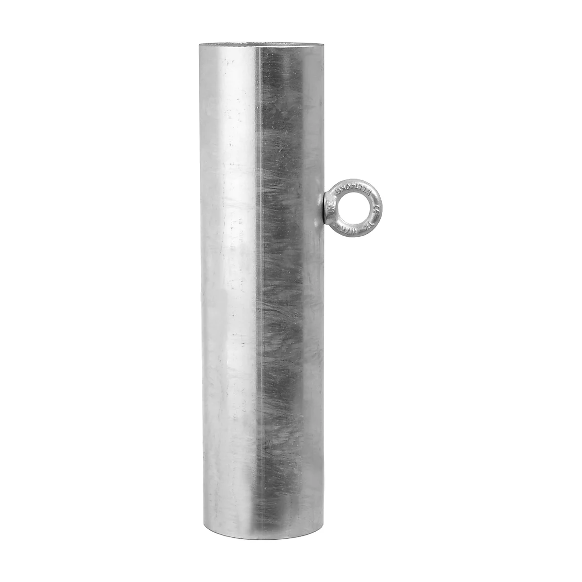 Cylindrical metal tube, open at the top, with an eyelet on the edge.