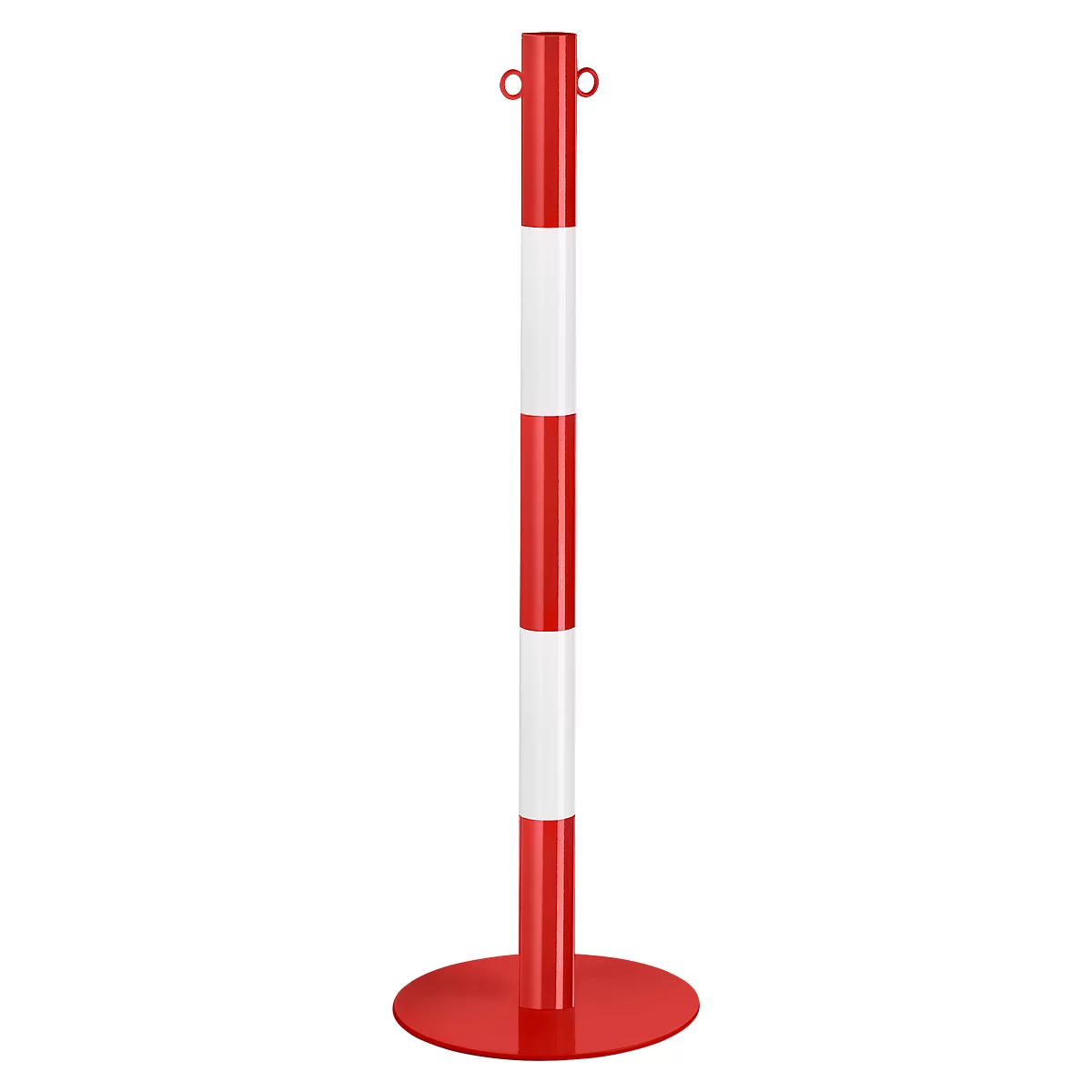 Red and white striped barrier post with round red base and two loops at the top.