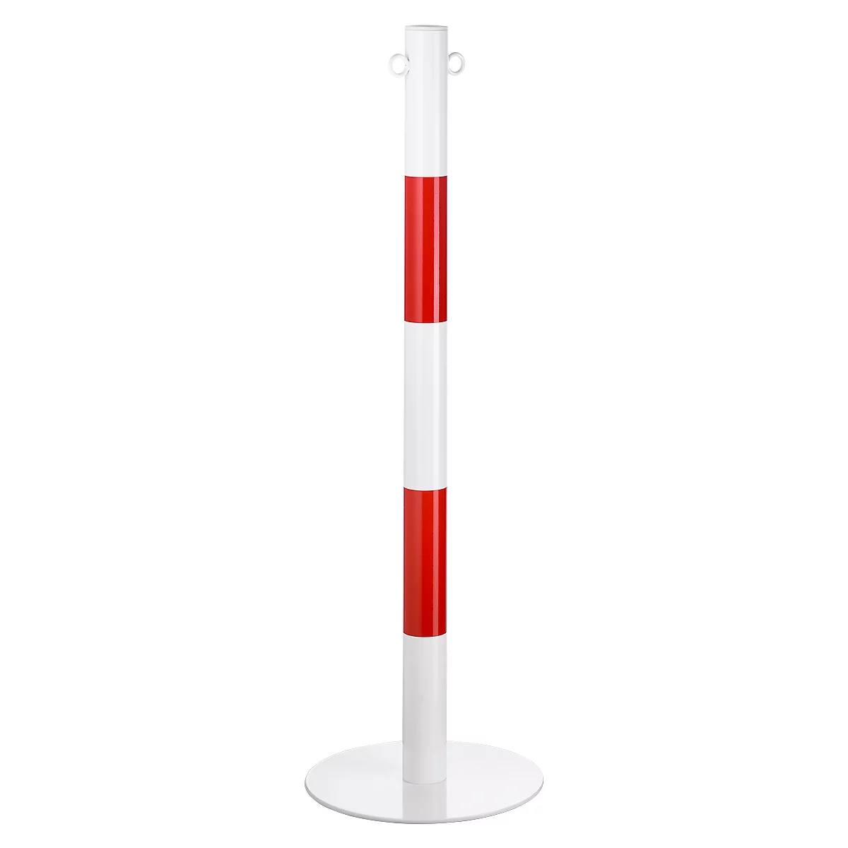 A white and red striped bollard stands against a white background.