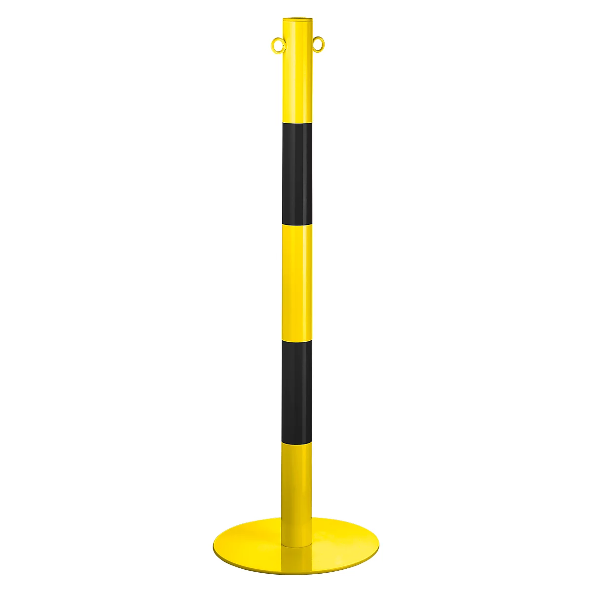 Yellow and black striped barrier post with a round yellow base. Two eyelets at the top.