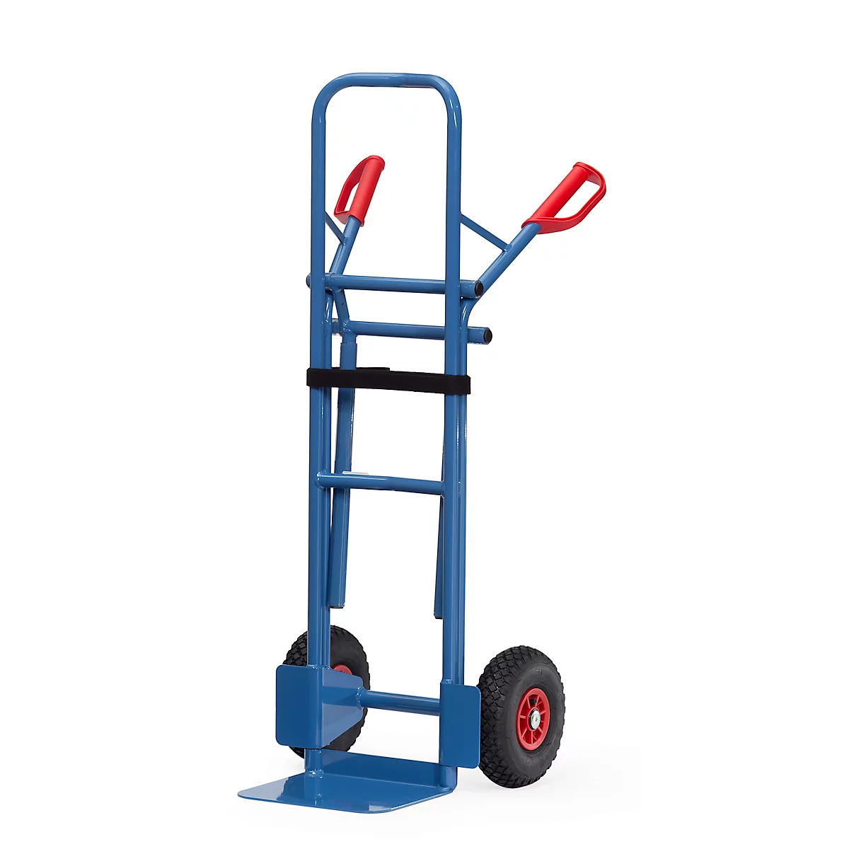 Blue hand truck with red handles, two wheels and black belt.