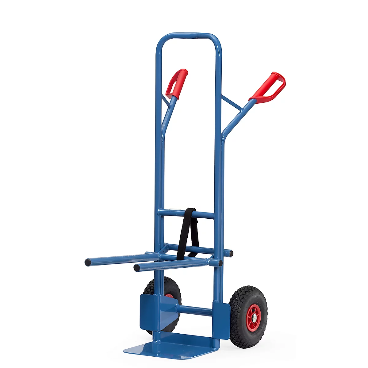 Blue hand truck with red handles and tires. The cart stands in front of a white background.