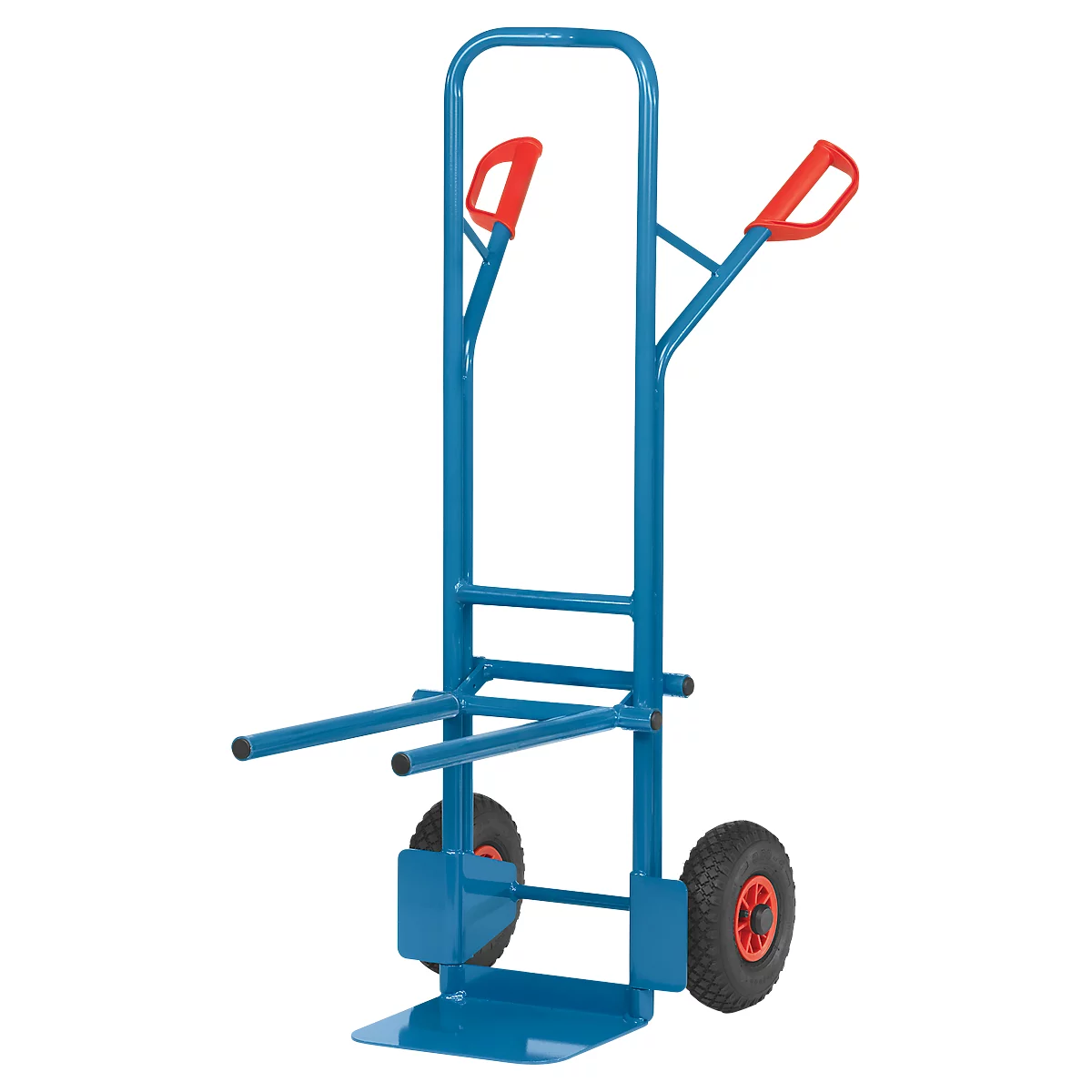 Blue hand truck with red handles, standing upright. Two tires with red hub. Detail of the construction.