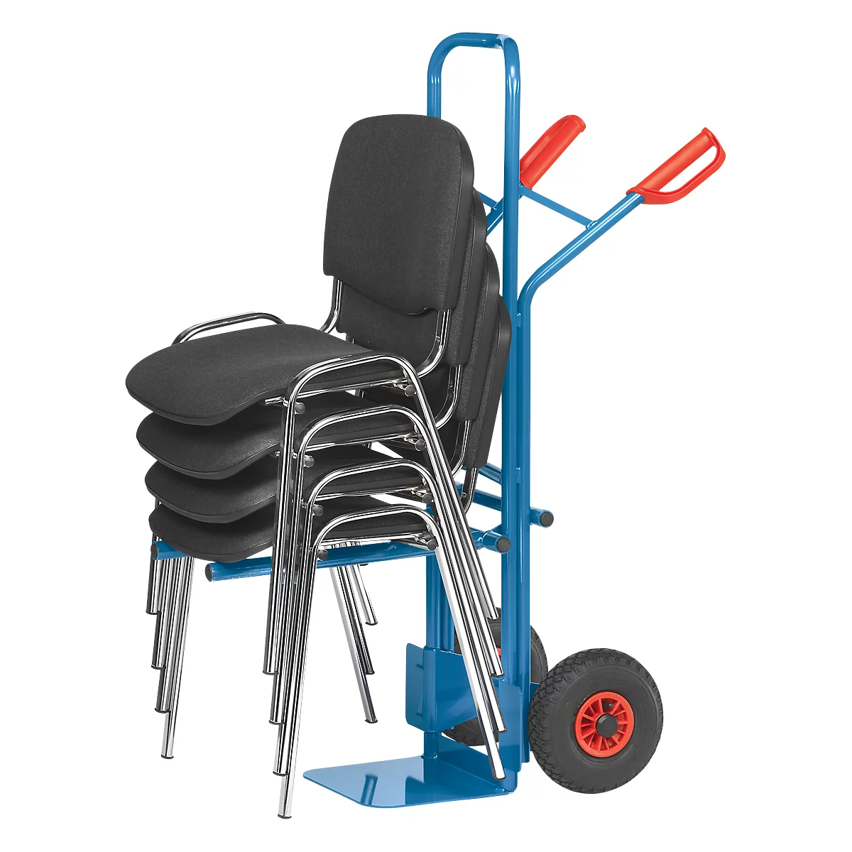 A blue trolley with stacked black chairs.