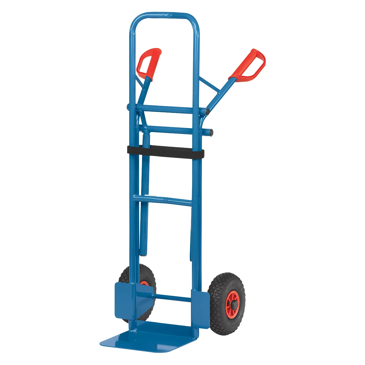 Blue hand truck with red handles, two wheels and black rubber band.