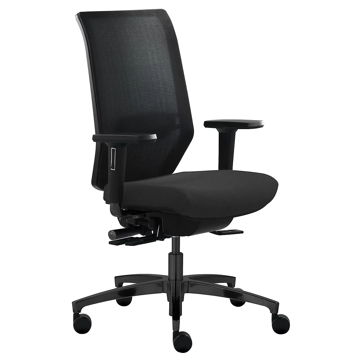 Chaise de bureau noire avec dossier en maille et accoudoirs. Sur roulettes, réglable en hauteur.