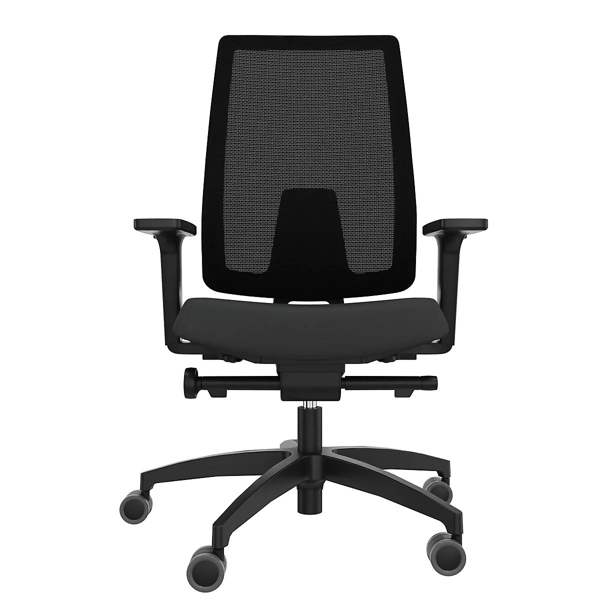 Chaise de bureau noire avec dossier en mesh, accoudoirs et roulettes sur fond blanc.