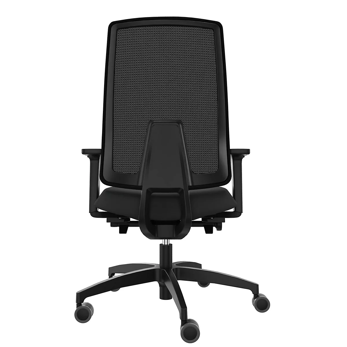 Une chaise de bureau noire vue de dos. La chaise a un dossier en mesh, des accoudoirs et un piètement à cinq étoiles sur roulettes.