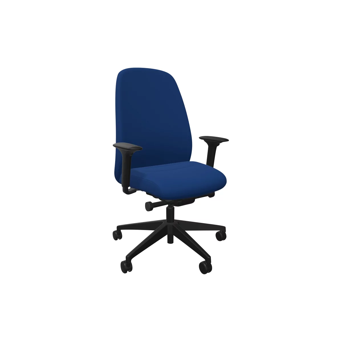 Chaise de bureau bleue, accoudoirs noirs, cinq roulettes.