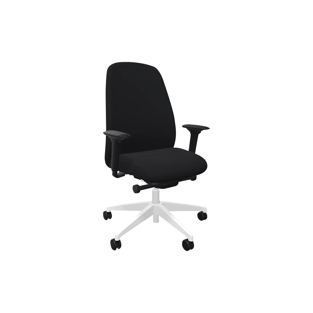 Chaise de bureau avec assise et dossier noirs, accoudoirs noirs et piètement blanc avec roulettes.