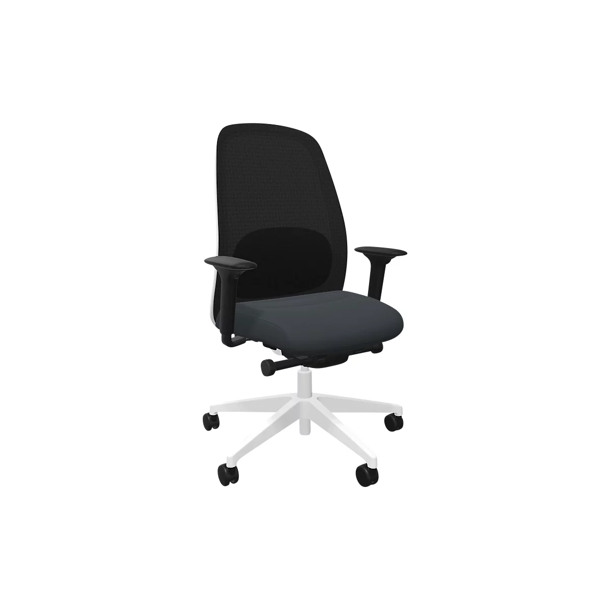 Chaise de bureau : dossier noir, assise grise, base blanche à roulettes. Accoudoirs noirs.