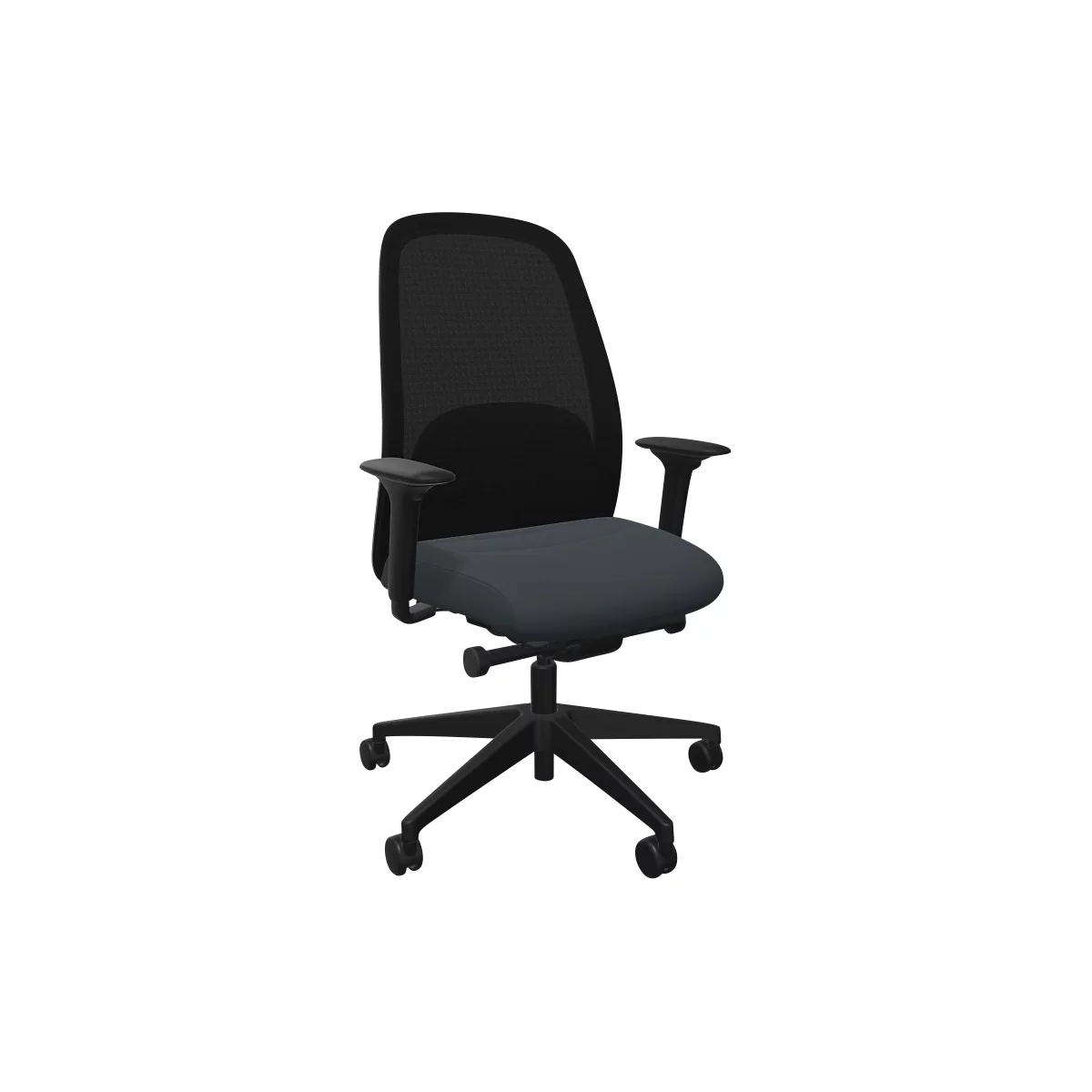 Chaise de bureau noire avec dossier en maille et assise grise, accoudoirs. Piètement à roulettes.