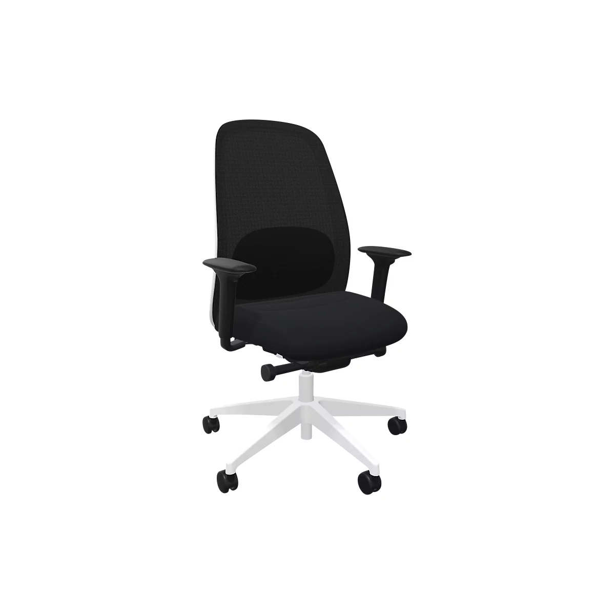 Chaise de bureau noire avec base blanche. Le dossier a un motif noir et des accoudoirs.