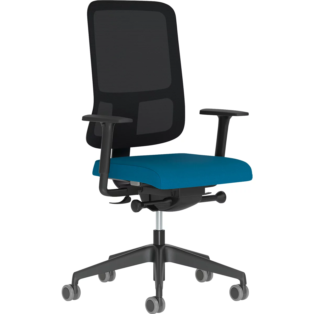 Chaise de bureau NowyStyl UTILA, avec accoudoirs, mécanisme synchrone, siège multicouche, hauteur/profondeur d'assise réglables, dossier avec revêtement résille, noir/bleu