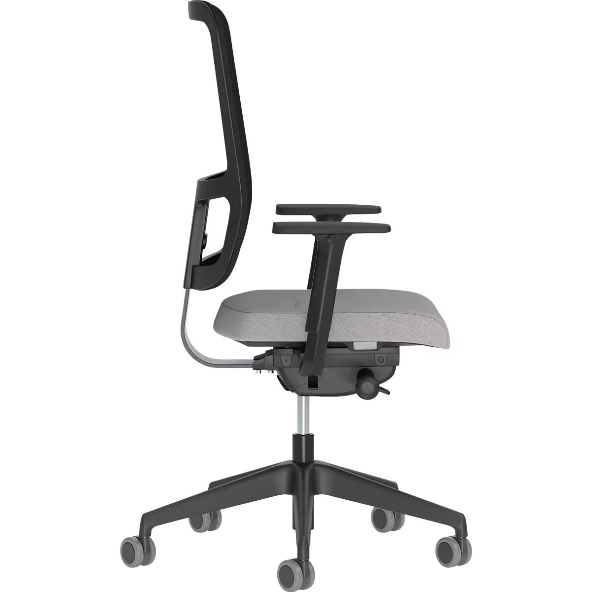 Chaise de bureau NowyStyl UTILA, avec accoudoirs, mécanisme synchrone, siège multicouche, hauteur/profondeur d'assise réglables, dossier avec revêtement résille, noir/gris