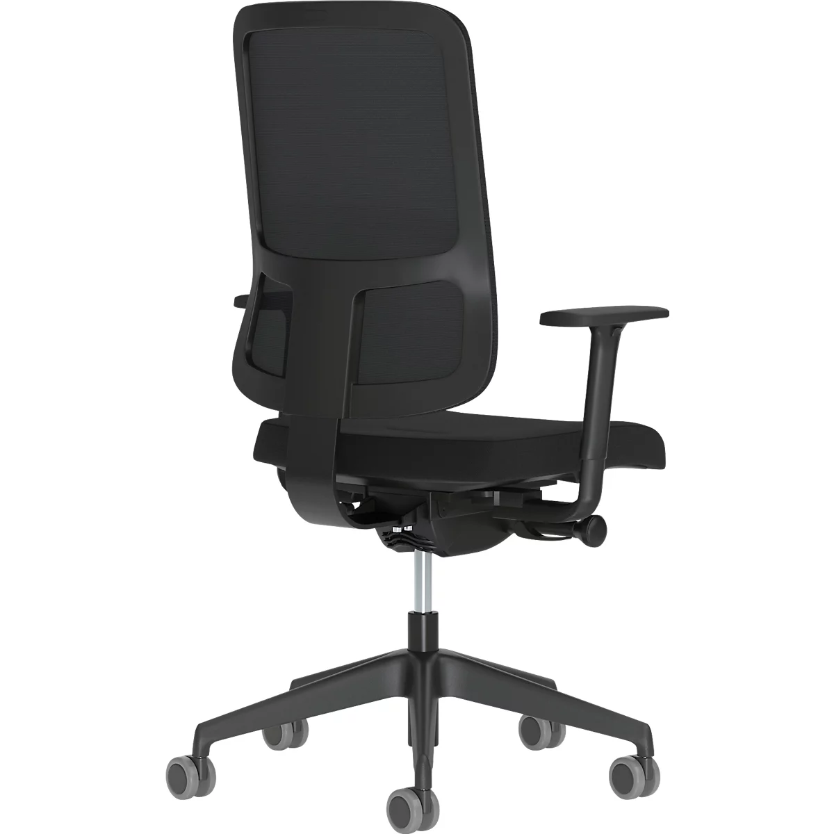 Chaise de bureau NowyStyl UTILA, avec accoudoirs, mécanisme synchrone, siège multicouche, hauteur/profondeur d'assise réglables, dossier avec revêtement résille, noir/noir