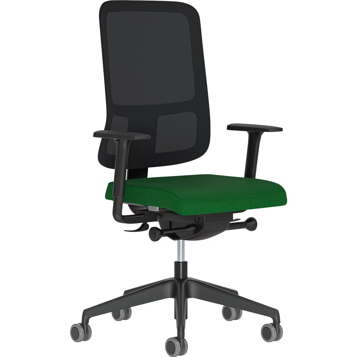 Chaise de bureau NowyStyl UTILA, avec accoudoirs, mécanisme synchrone, siège multicouche, hauteur/profondeur d'assise réglables, dossier avec revêtement résille, noir/vert