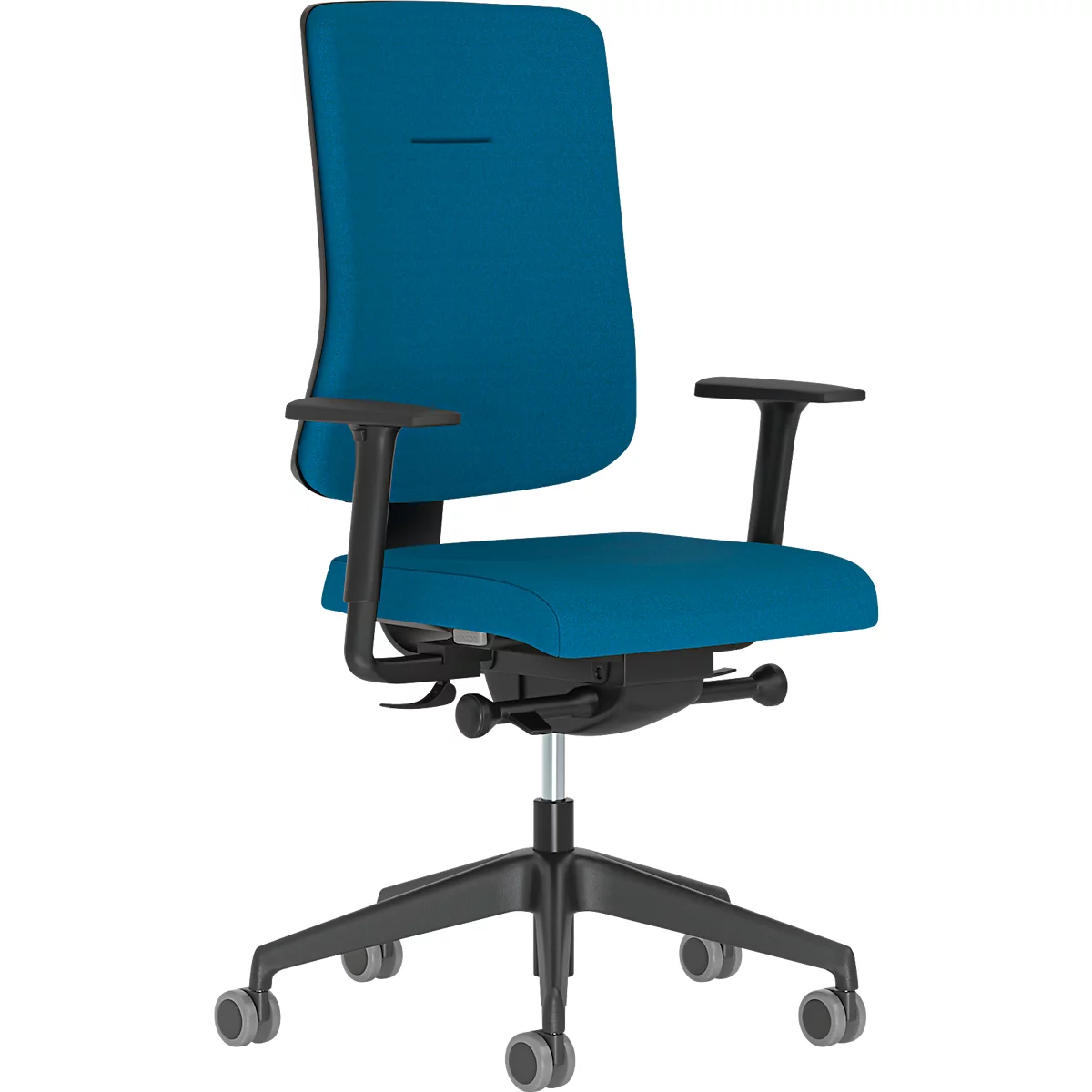 Chaise de bureau NowyStyl UTILA, avec accoudoirs, mécanisme synchrone, siège multicouche, hauteur/profondeur d'assise réglables, dossier rembourré, bleu/bleu