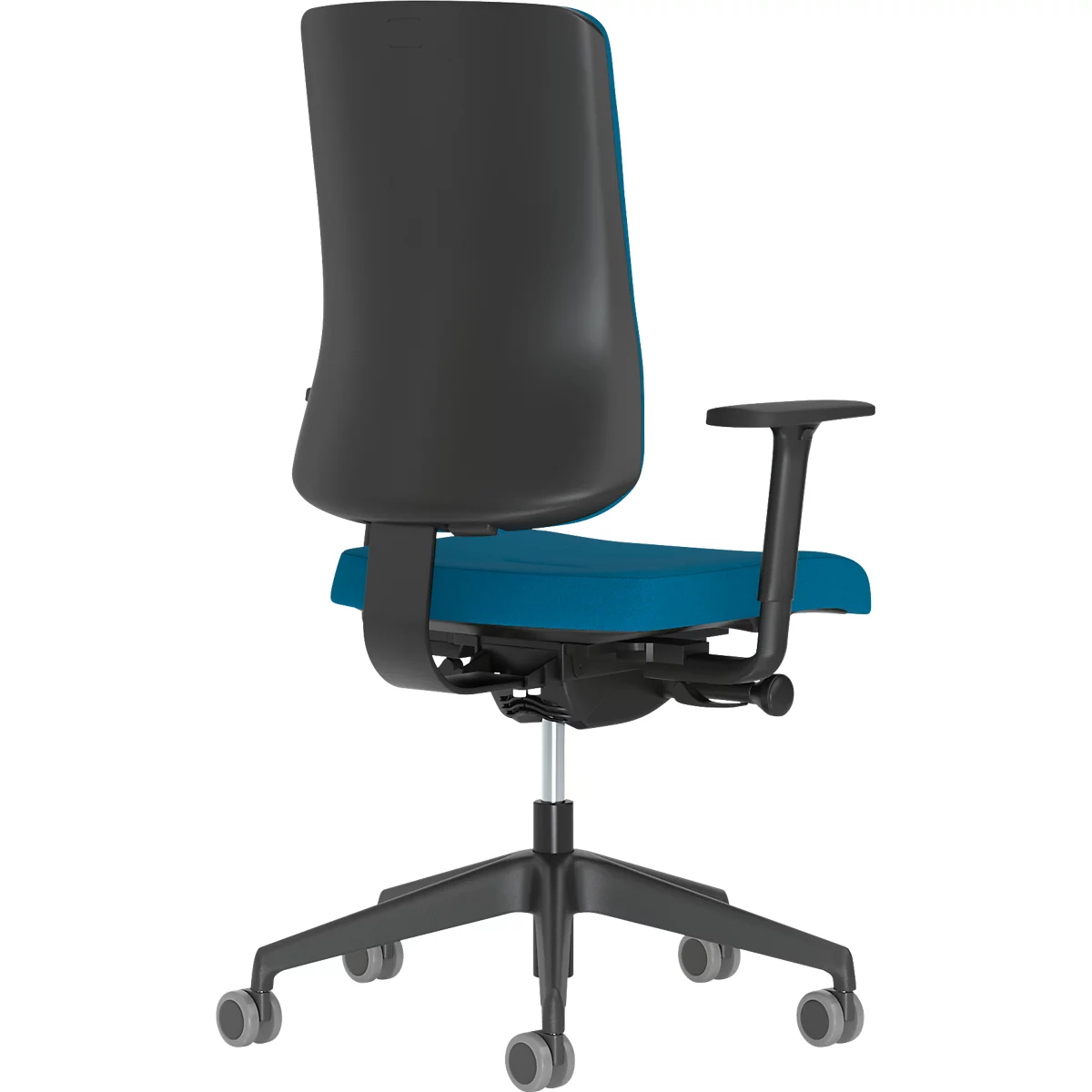 Chaise de bureau NowyStyl UTILA, avec accoudoirs, mécanisme synchrone, siège multicouche, hauteur/profondeur d'assise réglables, dossier rembourré, bleu/bleu