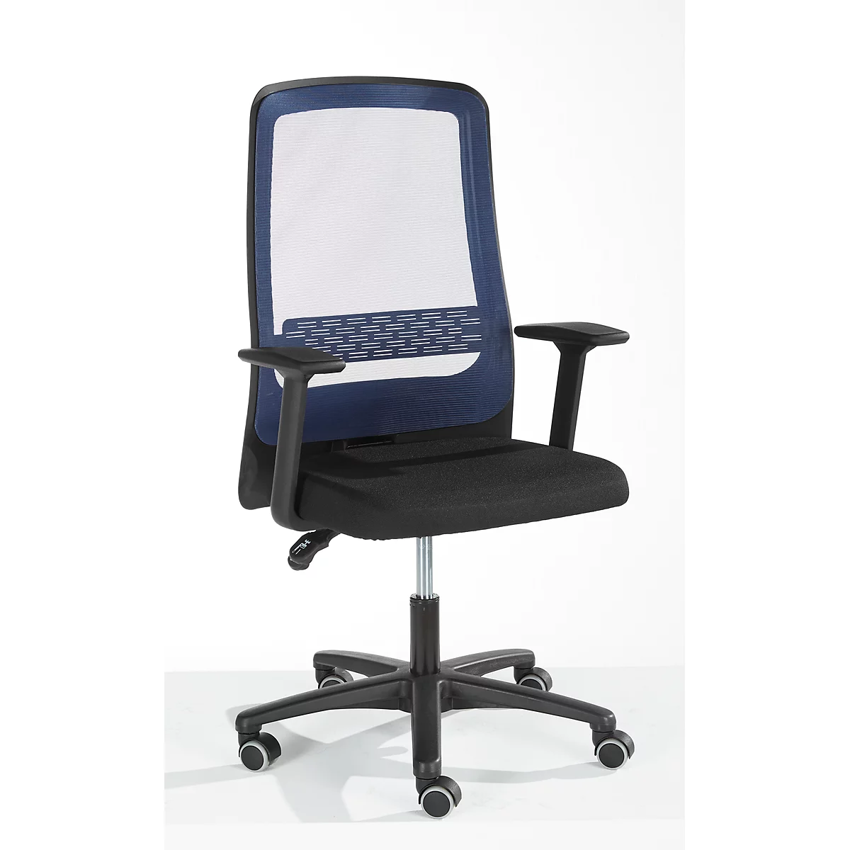 Chaise de bureau Prosedia ECCON plus-3, contact permanent, sans accoudoirs, dossier en maille, avec soutien lombaire, assise plate, noir/bleu