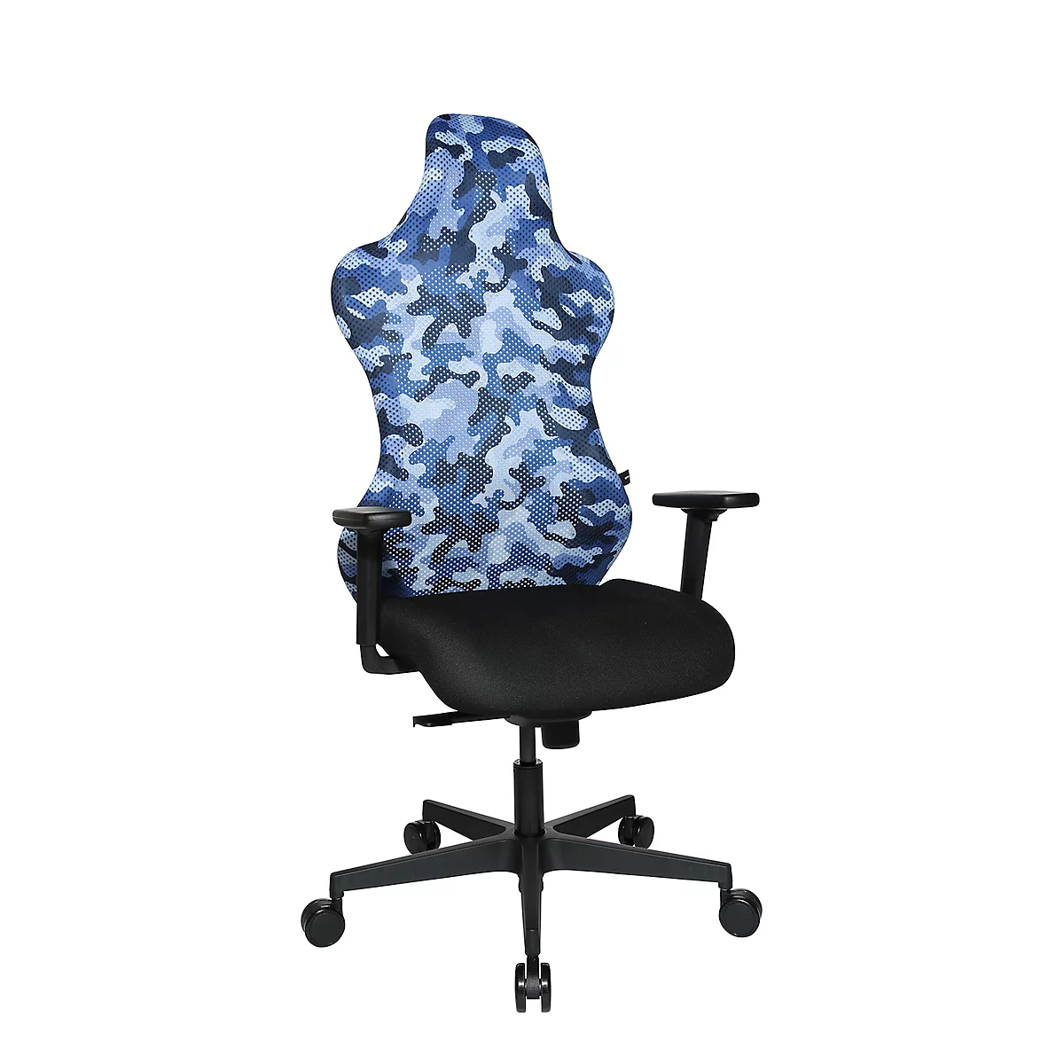 Chaise de bureau Sitness RS Sport Camouflage, avec accoudoirs, synchronisation 3D, siège en forme d'auge, appui-tête, bleu/noir