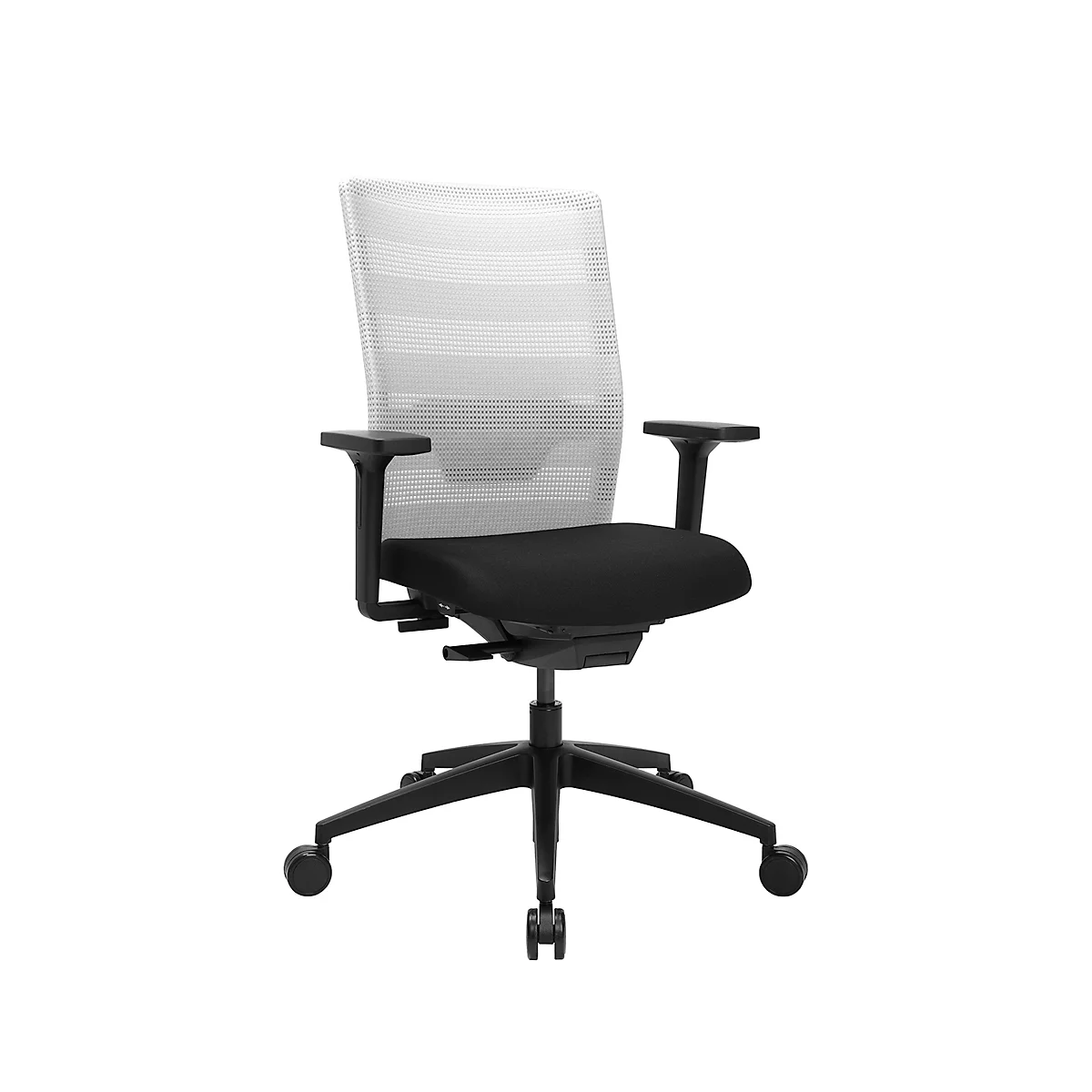 Chaise de bureau Topstar AirWork, avec accoudoirs, mécanisme auto-synchrone, assise multicouche, dossier résille avec soutien lombaire, blanc/noir