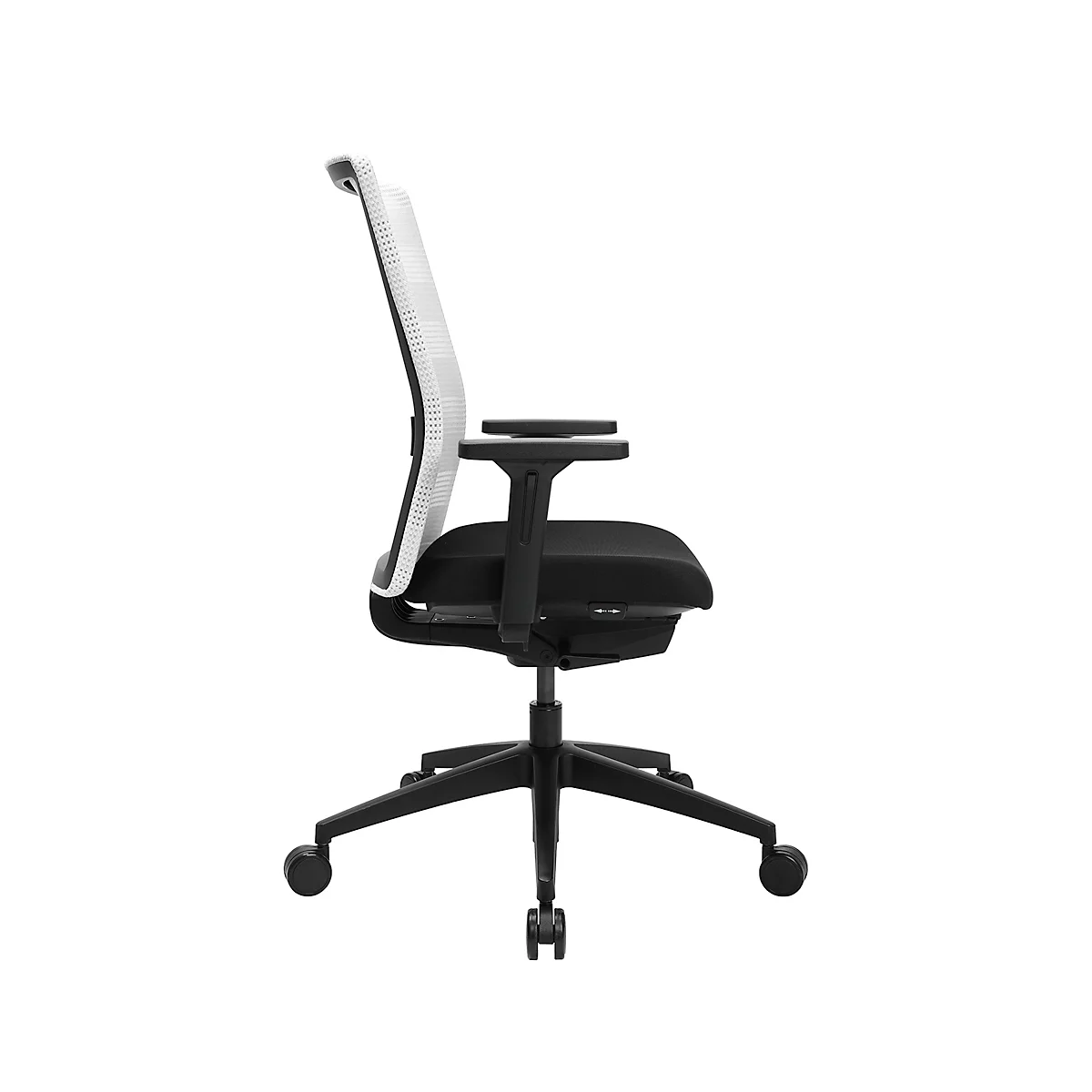 Chaise de bureau Topstar AirWork, avec accoudoirs, mécanisme auto-synchrone, assise multicouche, dossier résille avec soutien lombaire, blanc/noir