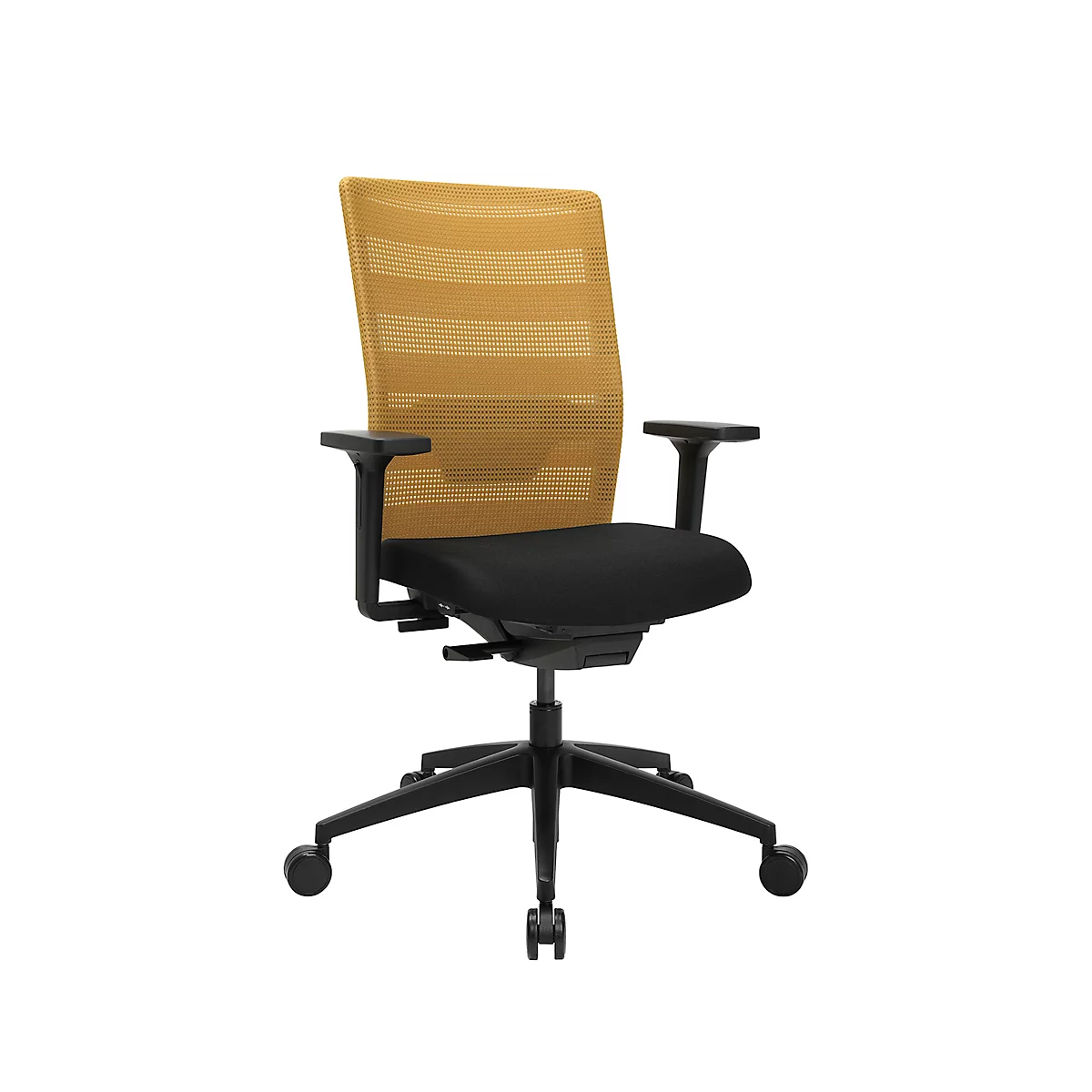 Chaise de bureau Topstar AirWork, avec accoudoirs, mécanisme auto-synchrone, assise multicouche, dossier résille avec soutien lombaire, ocre/noir