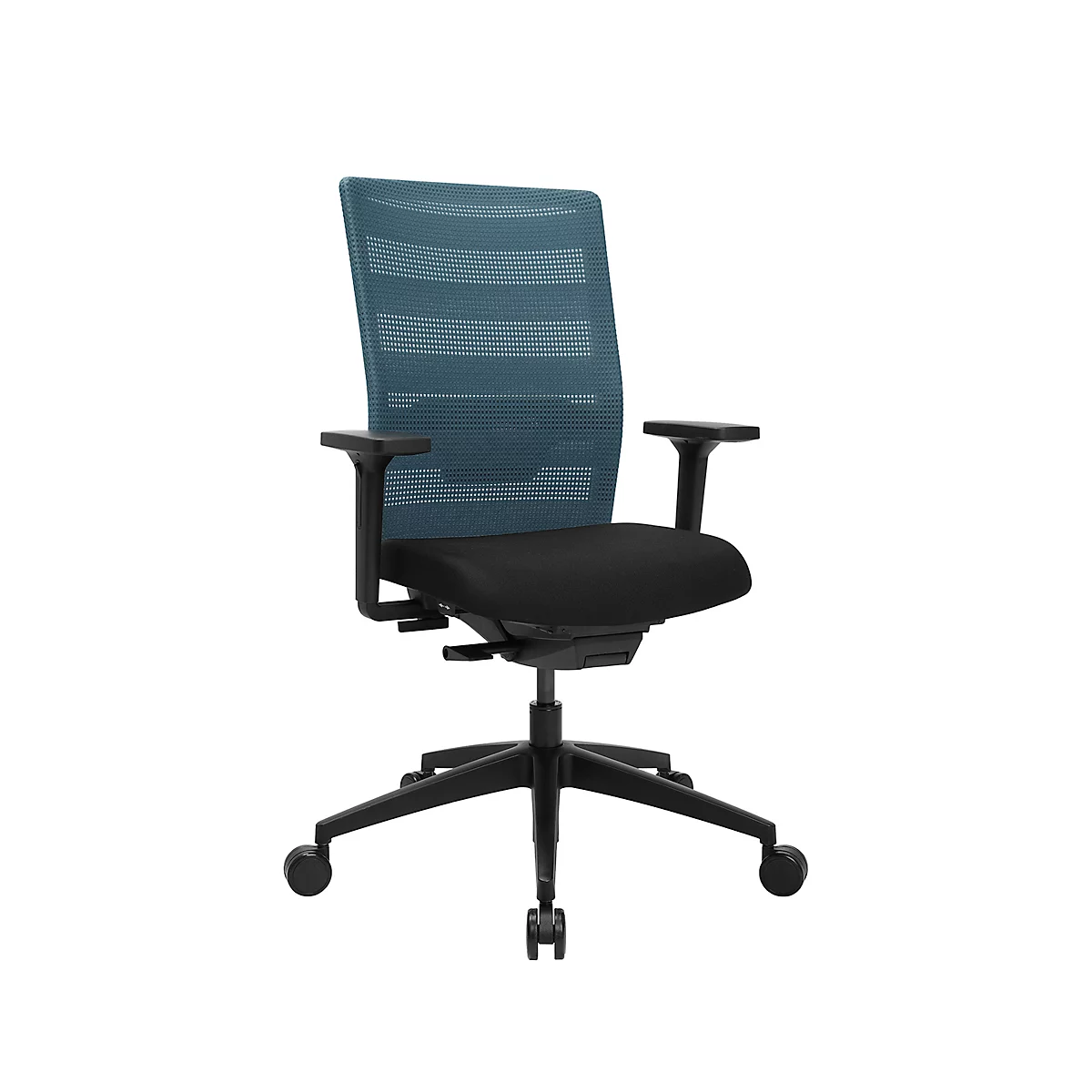 Chaise de bureau Topstar AirWork, avec accoudoirs, mécanisme auto-synchrone, assise multicouche, dossier résille avec soutien lombaire, pétrole/noir