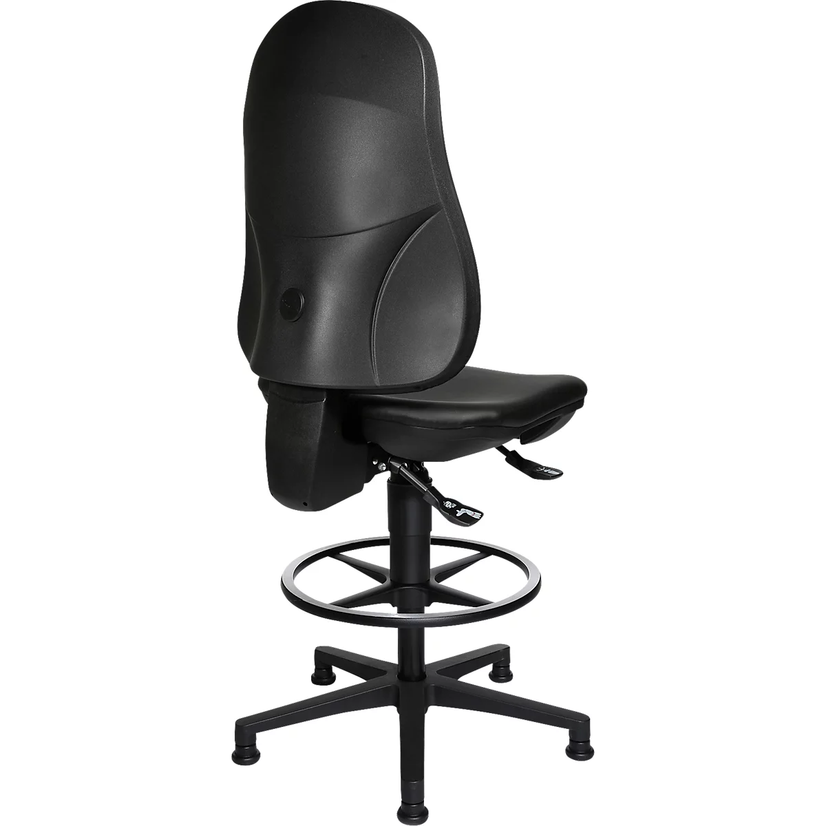 Chaise de bureau TOPSTAR POINT 70 Counter, repose-pieds &amp; patins de sol, hauteur et inclinaison réglables, contact permanent, soutien lombaire, similicuir, noir