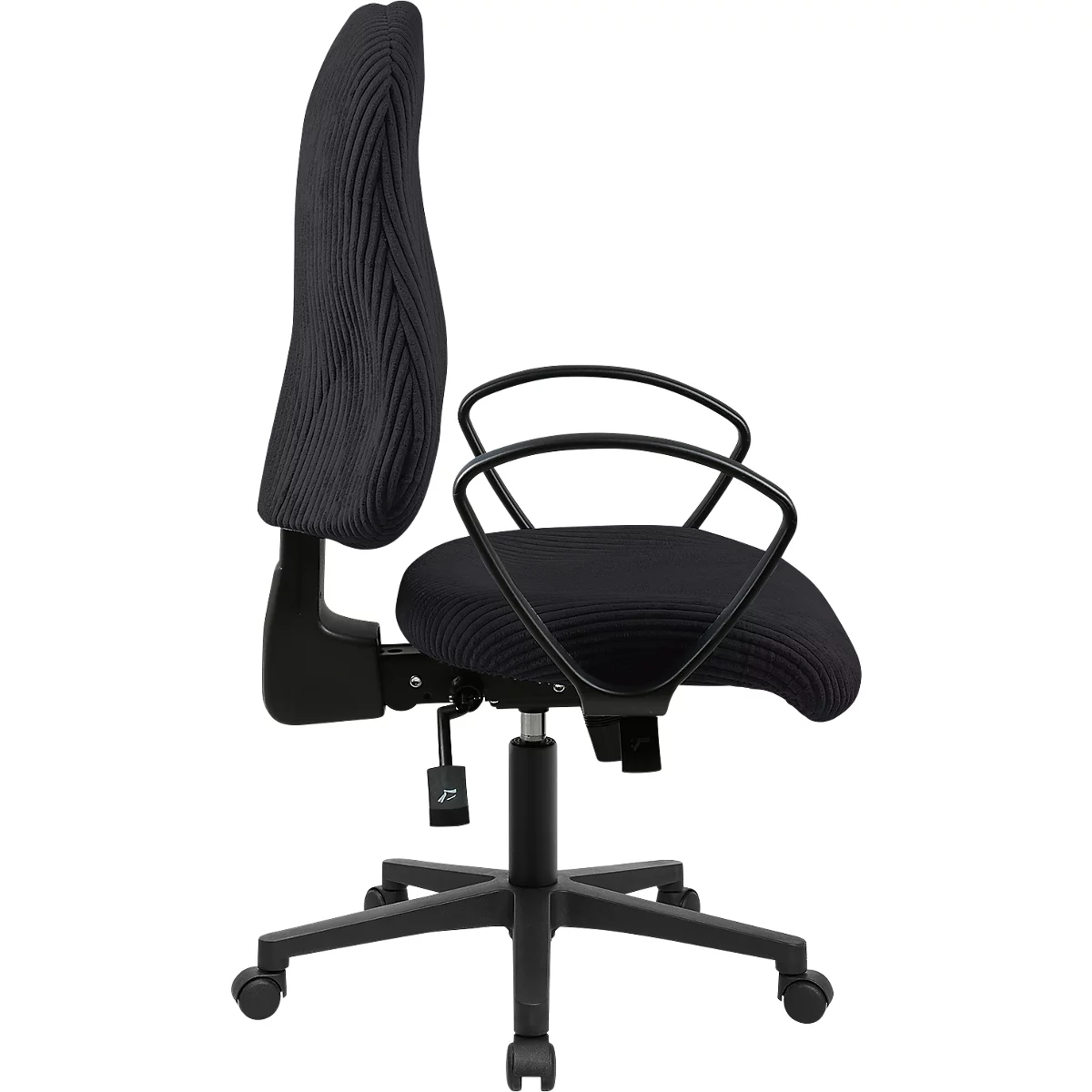 Chaise de bureau moderne noire, vue de côté, avec dossier rembourré et accoudoirs noirs.
