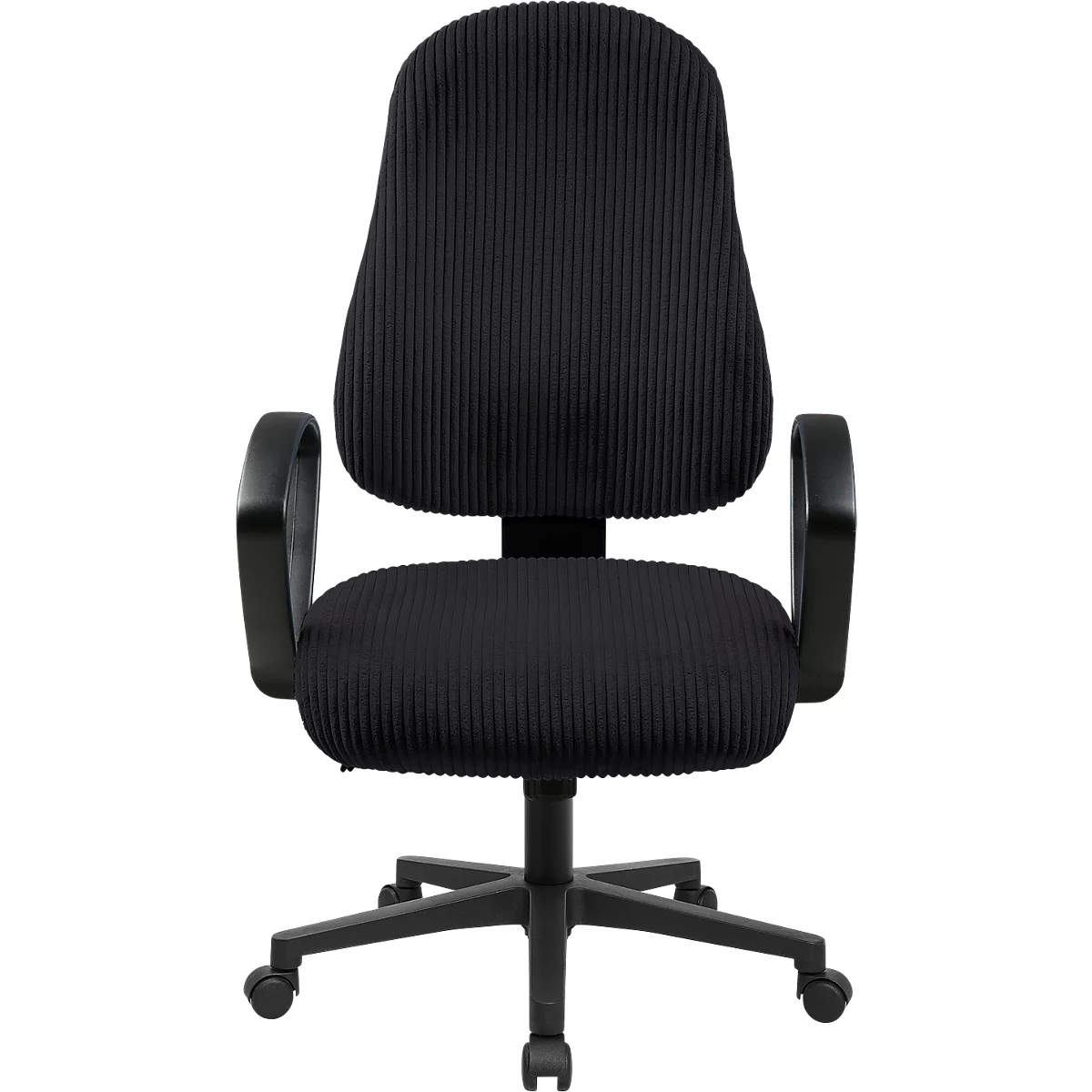 Chaise de bureau noire avec revêtement en tissu côtelé sur fond blanc.