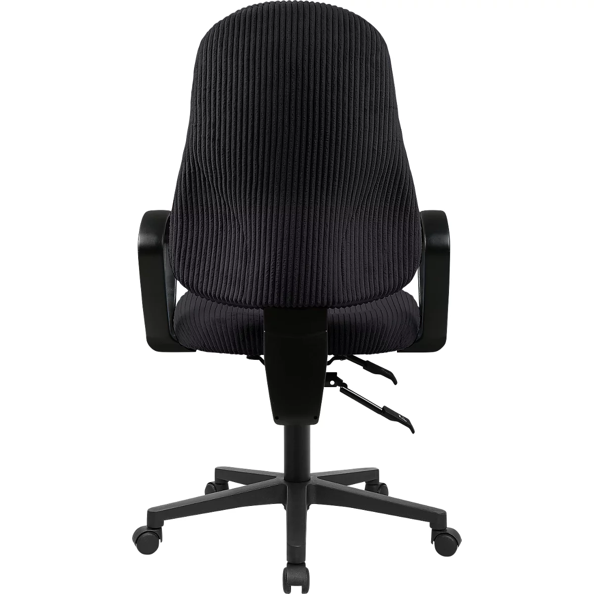 Chaise de bureau noire avec revêtement en velours côtelé, vue de dos sur fond blanc.