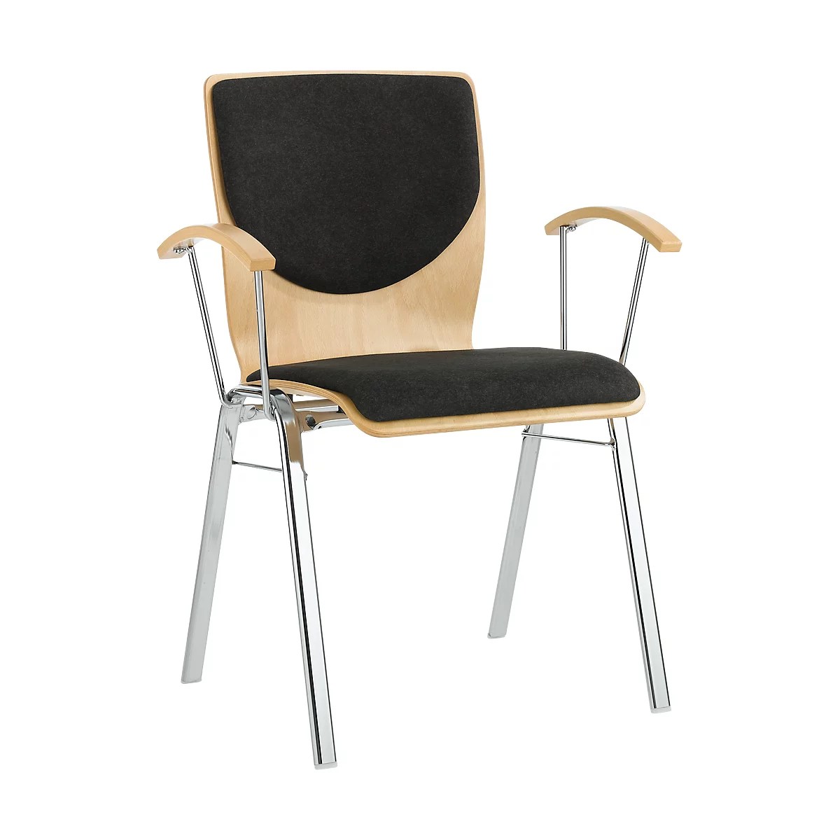 Chaise empilable 7450, siège moulé, soutien lombaire, Dossier rembourré, avec accoudoirs, tissu de revêtement Kashmara, noir