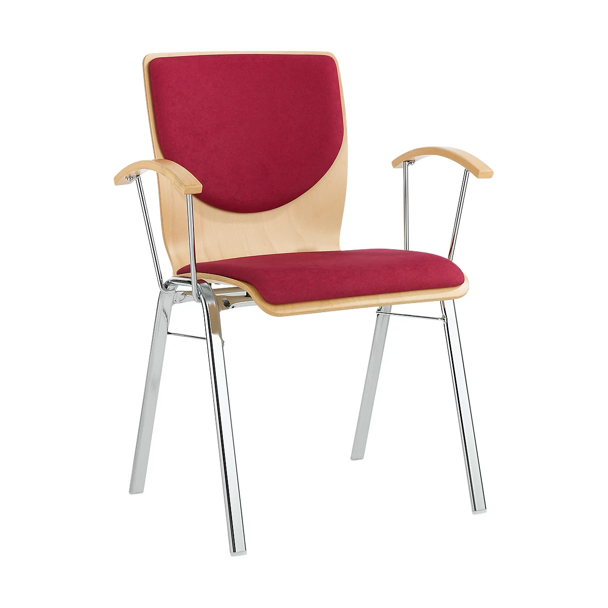 Chaise empilable 7450, siège moulé, soutien lombaire, Dossier rembourré, avec accoudoirs, tissu de revêtement Kashmara, rouge foncé