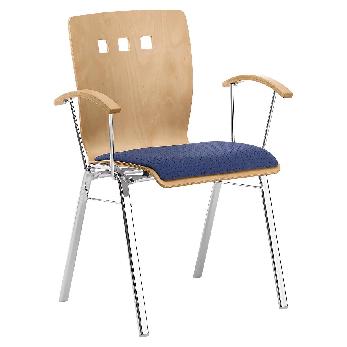 Chaise empilable 7450, siège moulé, soutien lombaire, perçages design, avec accoudoirs, Tissu de revêtement Point/Trevira CS, bleu