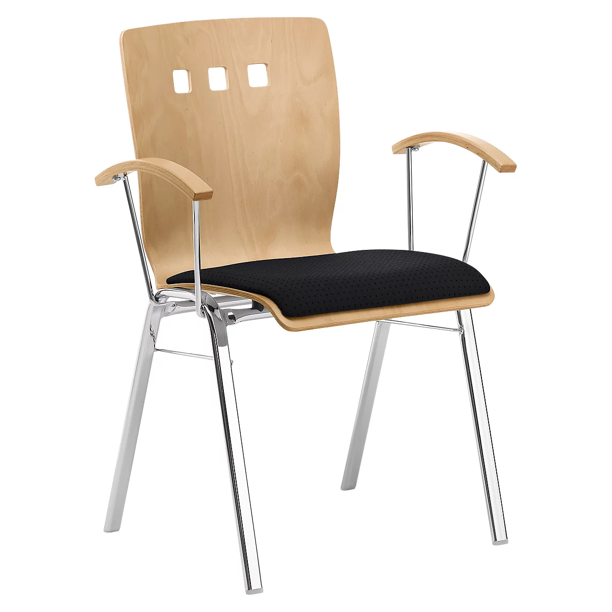 Chaise empilable 7450, siège moulé, soutien lombaire, perçages design, avec accoudoirs, Tissu de revêtement Point/Trevira CS, noir