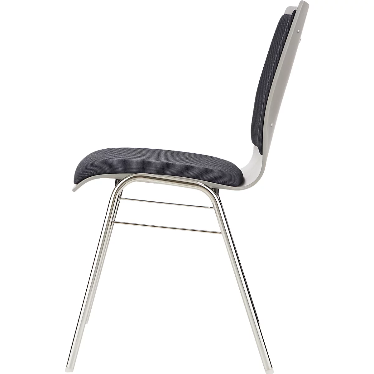 Vue latérale d'une chaise moderne. Siège gris, dossier et cadre en métal argenté.