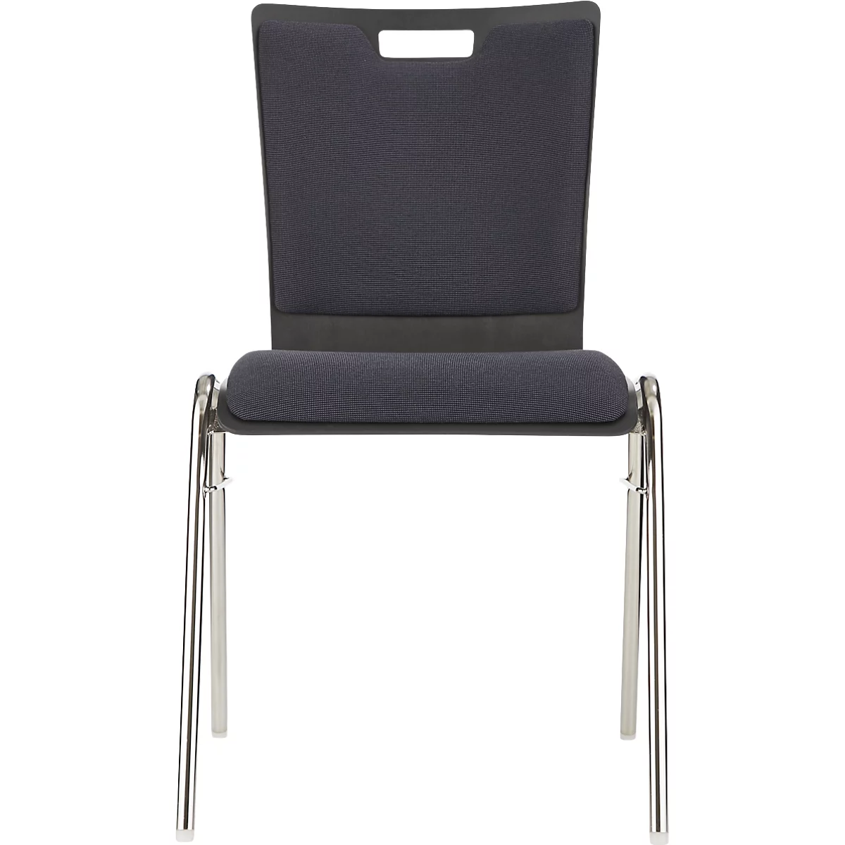 Chaise de bureau gris foncé avec pieds en acier, découpe dans le dos.