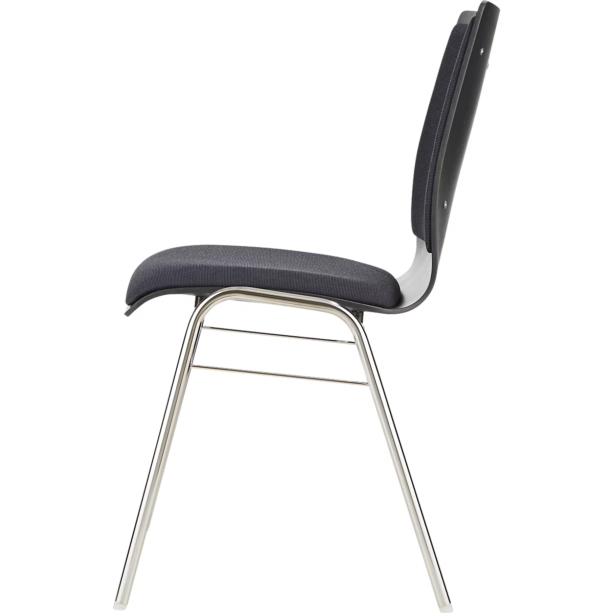 Vue latérale d'une chaise. Assise et dossier gris avec un cadre argenté.