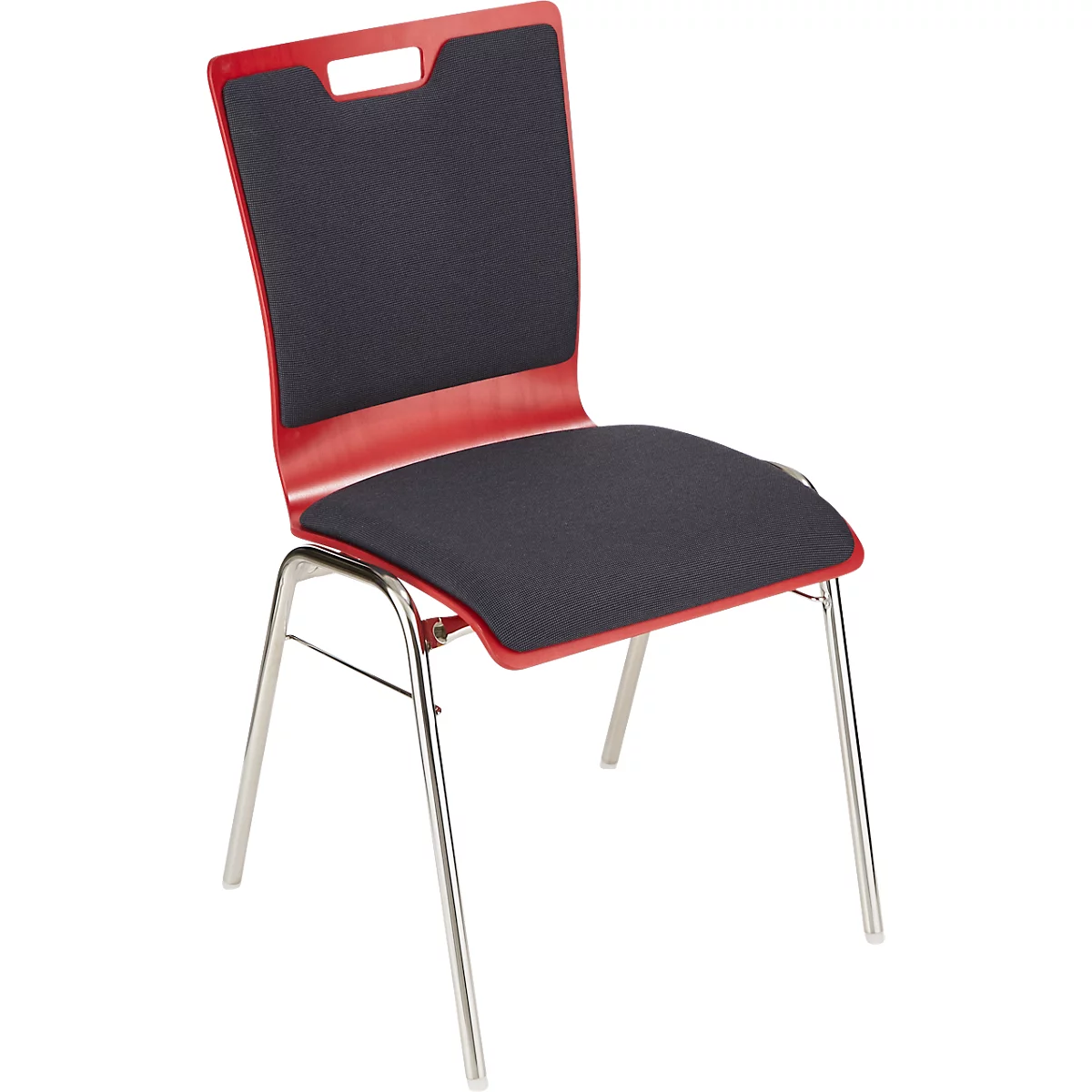 Chaise rouge avec assise et dossier noirs, pieds chromés. Un renfoncement dans la partie supérieure du dossier.