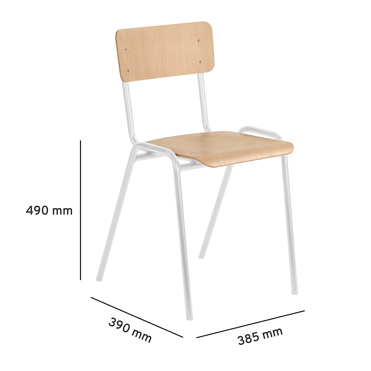 Une chaise d'école avec dossier et assise en bois clair, cadre blanc. Avec dimensions en mm.