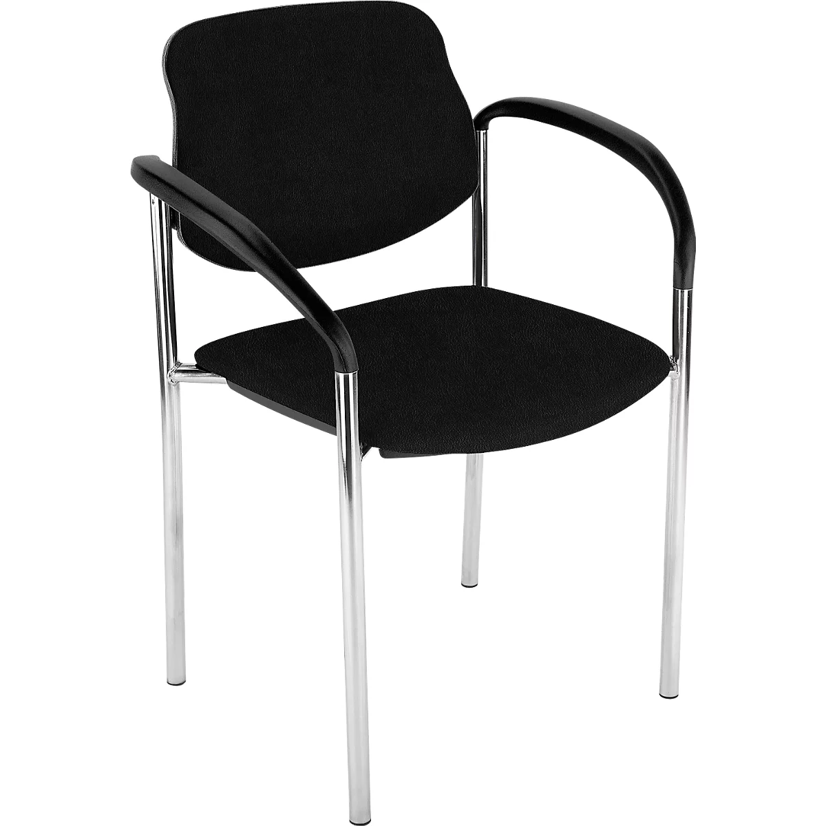 Chaise de bureau noire avec accoudoirs, cadre chromé et revêtement en tissu.