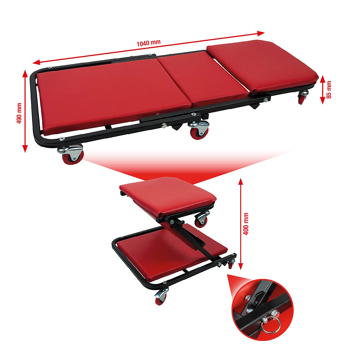 Chariot d'atelier rouge avec roulettes. Dimensions indiquées. Vue détaillée montrant le mécanisme.