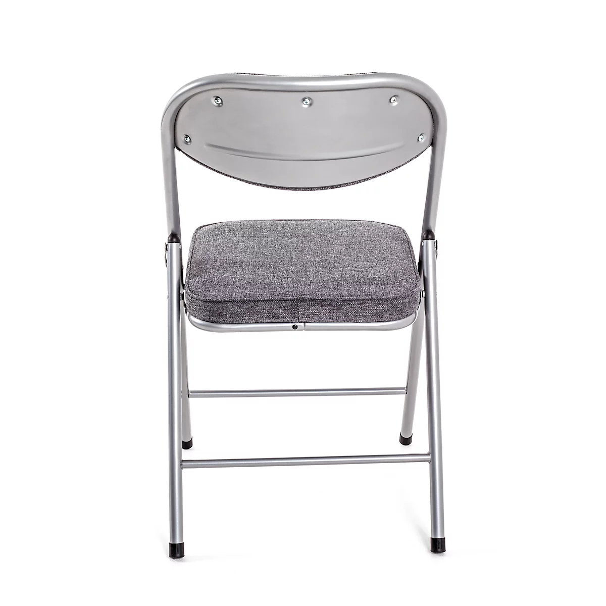 Une chaise pliante argentée avec une assise et un dossier gris, sur fond blanc.