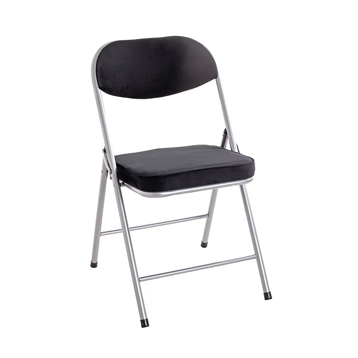Chaise pliante noire avec un cadre en métal sur fond clair.