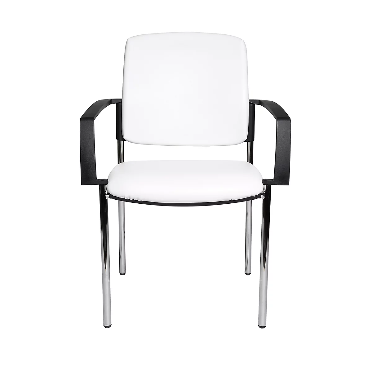 Chaise blanche avec accoudoirs noirs et pieds argentés sur fond blanc.