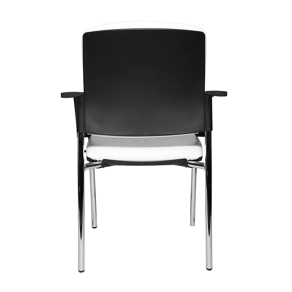 Chaise de bureau noire et blanche, vue arrière. Dossier et accoudoirs noirs, assise blanche, cadre chromé.